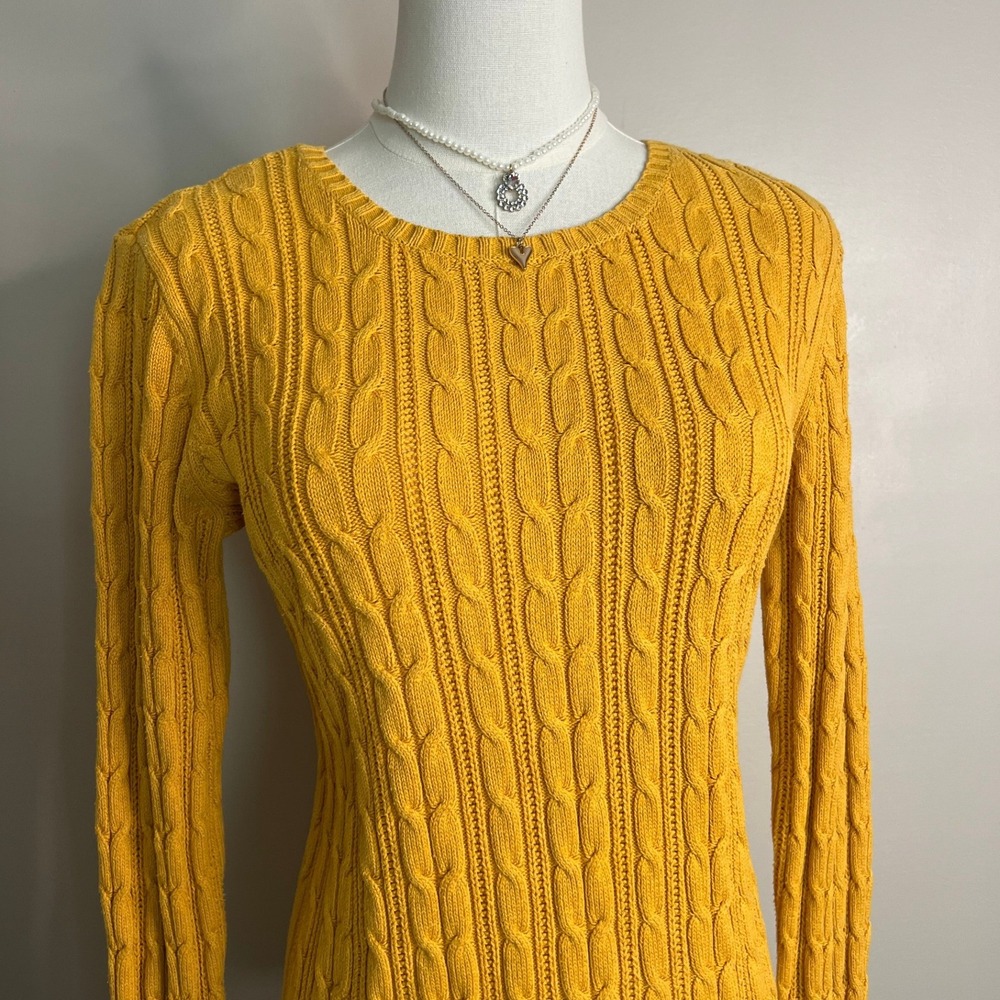 St Johns Bay Womens Mustard Yellow Cable Knit Crew Neck Sweater Size Small - Picture 3 of 9